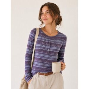 Columbia Women L Purple Fair Isle Aspen Lodge Henley Long Sleeve Tee Top Knit